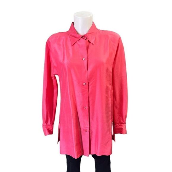 MaxMara Coral Orange 100% Silk Sheer Button‎ Down Longseeve Tunic sz 8 Vintage - Picture 1 of 9